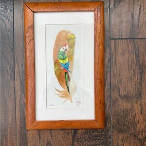 1970’s Costa Rica Framed Parrot Feather Art with Wooden Frame